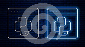 Glowing neon line Python programming language icon isolated on brick wall background. Python coding language sign on