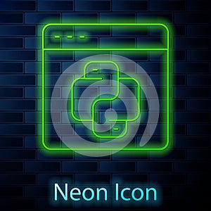 Glowing neon line Python programming language icon isolated on brick wall background. Python coding language sign on