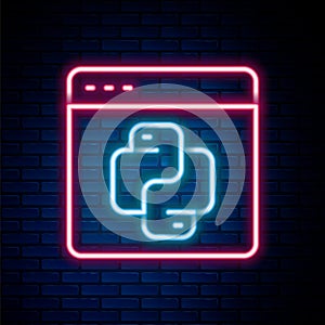 Glowing neon line Python programming language icon isolated on brick wall background. Python coding language sign on