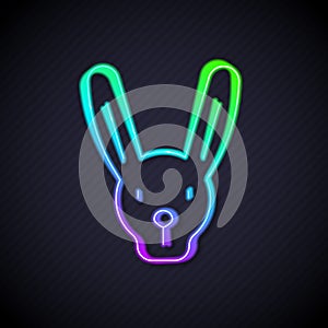 Glowing neon line Rabbit with ears icon isolated on black background. Magic trick. Mystery entertainment concept. Vector