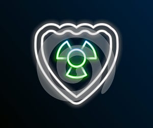 Glowing neon line Radioactive in shield icon isolated on black background. Radioactive toxic symbol. Radiation Hazard