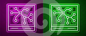 Glowing neon line Railway map icon isolated on purple and green background. Vector