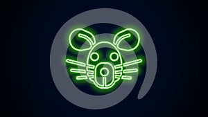 Glowing neon line Rat head icon isolated on black background. Mouse sign. Animal symbol. 4K Video motion graphic