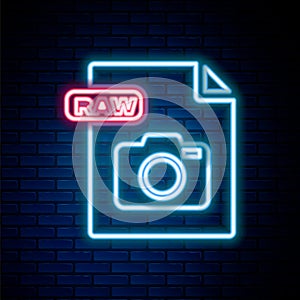 Glowing neon line RAW file document. Download raw button icon isolated on brick wall background. RAW file symbol