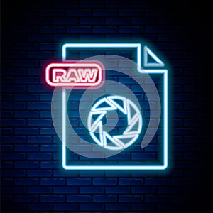 Glowing neon line RAW file document. Download raw button icon isolated on brick wall background. RAW file symbol