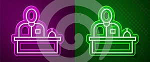 Glowing neon line Receptionist standing at hotel reception desk icon isolated on purple and green background. Vector