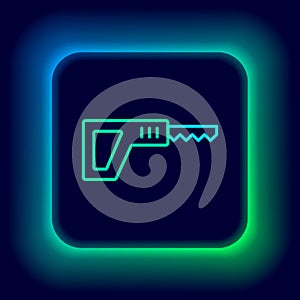 Glowing neon line Reciprocating saw and saw blade icon isolated on black background. Colorful outline concept. Vector