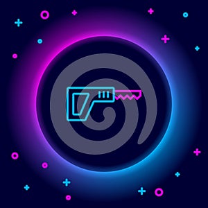 Glowing neon line Reciprocating saw and saw blade icon isolated on black background. Colorful outline concept. Vector