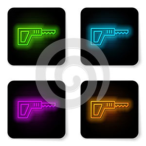 Glowing neon line Reciprocating saw and saw blade icon isolated on white background. Black square button. Vector