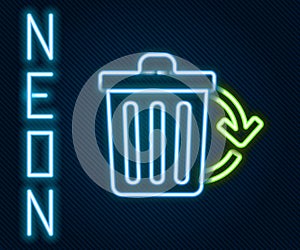 Glowing neon line Recycle bin with recycle symbol icon isolated on black background. Trash can icon. Garbage bin sign