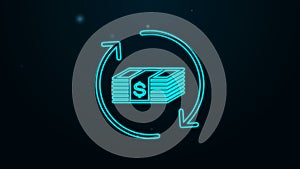 Glowing neon line Refund money icon isolated on black background. Financial services, cash back concept, money refund