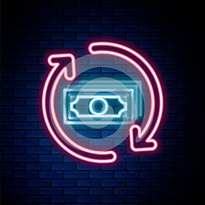 Glowing neon line Refund money icon isolated on brick wall background. Financial services, cash back concept, money