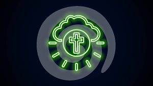 Glowing neon line Religious cross in the circle icon isolated on black background. Love of God, Catholic and Christian