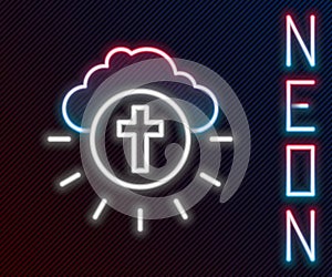Glowing neon line Religious cross in the circle icon isolated on black background. Love of God, Catholic and Christian