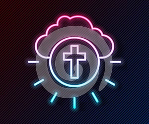 Glowing neon line Religious cross in the circle icon isolated on black background. Love of God, Catholic and Christian