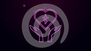 Glowing neon line Religious cross in the heart inside icon isolated on black background. Love of God, Catholic and