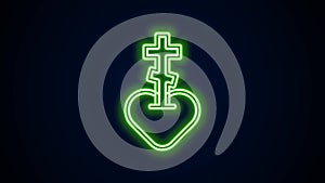 Glowing neon line Religious cross in the heart inside icon isolated on black background. Love of God, Catholic and