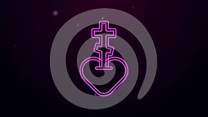 Glowing neon line Religious cross in the heart inside icon isolated on black background. Love of God, Catholic and