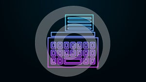 Glowing neon line Retro typewriter and paper sheet icon isolated on black background. 4K Video motion graphic animation