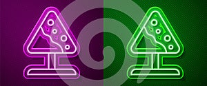 Glowing neon line Road sign avalanches icon isolated on purple and green background. Snowslide or snowslip rapid flow of