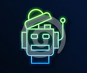 Glowing neon line Robot icon isolated on blue background. Artificial intelligence, machine learning, cloud computing