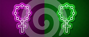 Glowing neon line Rosary beads religion icon isolated on purple and green background. Vector