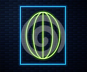 Glowing neon line Rugby ball icon isolated on brick wall background. Vector