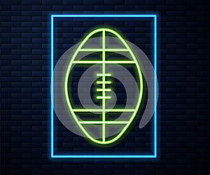 Glowing neon line Rugby ball icon isolated on brick wall background. Vector Illustration