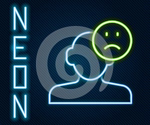 Glowing neon line Sad and depressed man, bad mood icon isolated on black background. Colorful outline concept. Vector