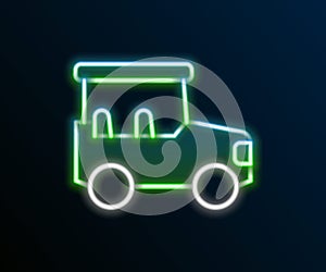 Glowing neon line Safari car icon isolated on black background. Colorful outline concept. Vector