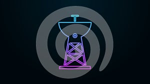 Glowing neon line Satellite dish icon isolated on black background. Radio antenna, astronomy and space research. 4K