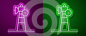 Glowing neon line Satellite dish icon isolated on purple and green background. Radio antenna, astronomy and space