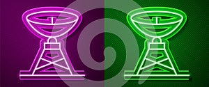 Glowing neon line Satellite dish icon isolated on purple and green background. Radio antenna, astronomy and space