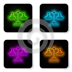 Glowing neon line Scales of justice icon isolated on white background. Court of law symbol. Balance scale sign. Black