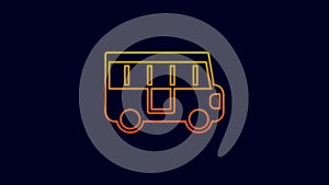 Glowing neon line School Bus icon isolated on blue background. Public transportation symbol. 4K Video motion graphic