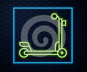 Glowing neon line Scooter icon isolated on brick wall background. Vector
