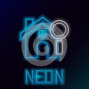 Glowing neon line Search house icon isolated on black background. Real estate symbol of a house under magnifying glass