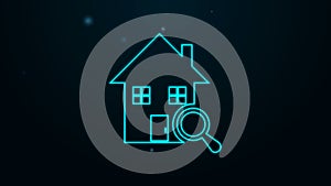 Glowing neon line Search house icon isolated on black background. Real estate symbol of a house under magnifying glass