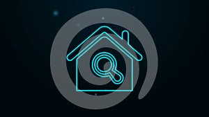 Glowing neon line Search house icon isolated on black background. Real estate symbol of a house under magnifying glass