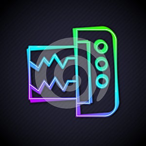 Glowing neon line Seismograph icon isolated on black background. Earthquake analog seismograph. Vector
