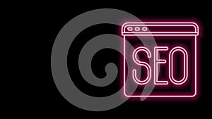 Glowing neon line SEO optimization icon isolated on black background. 4K Video motion graphic animation