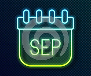 Glowing neon line September calendar autumn icon isolated on black background. Vector