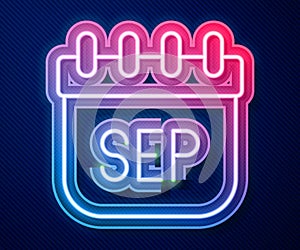 Glowing neon line September calendar autumn icon isolated on blue background. Vector