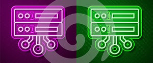 Glowing neon line Server, Data, Web Hosting icon isolated on purple and green background. Vector