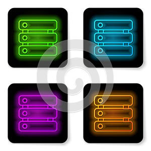 Glowing neon line Server, Data, Web Hosting icon isolated on white background. Black square button. Vector