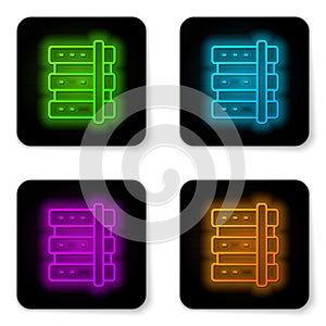 Glowing neon line Server, Data, Web Hosting icon isolated on white background. Black square button. Vector