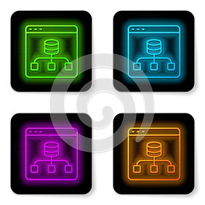 Glowing neon line Server, Data, Web Hosting icon isolated on white background. Black square button. Vector