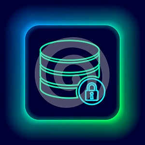 Glowing neon line Server security with closed padlock icon isolated on black background. Database and lock. Security