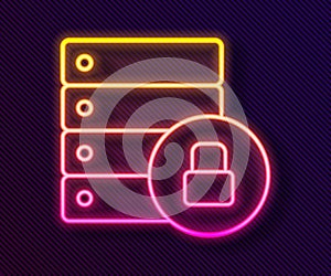 Glowing neon line Server security with closed padlock icon isolated on black background. Database and lock. Security