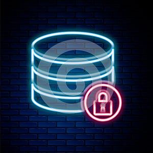 Glowing neon line Server security with closed padlock icon isolated on brick wall background. Database and lock